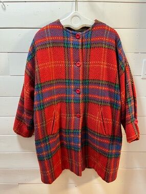 JEAN-CLAUDE POITRAS Designer Québécois  Red Plaid Wool Coat XL Vintage